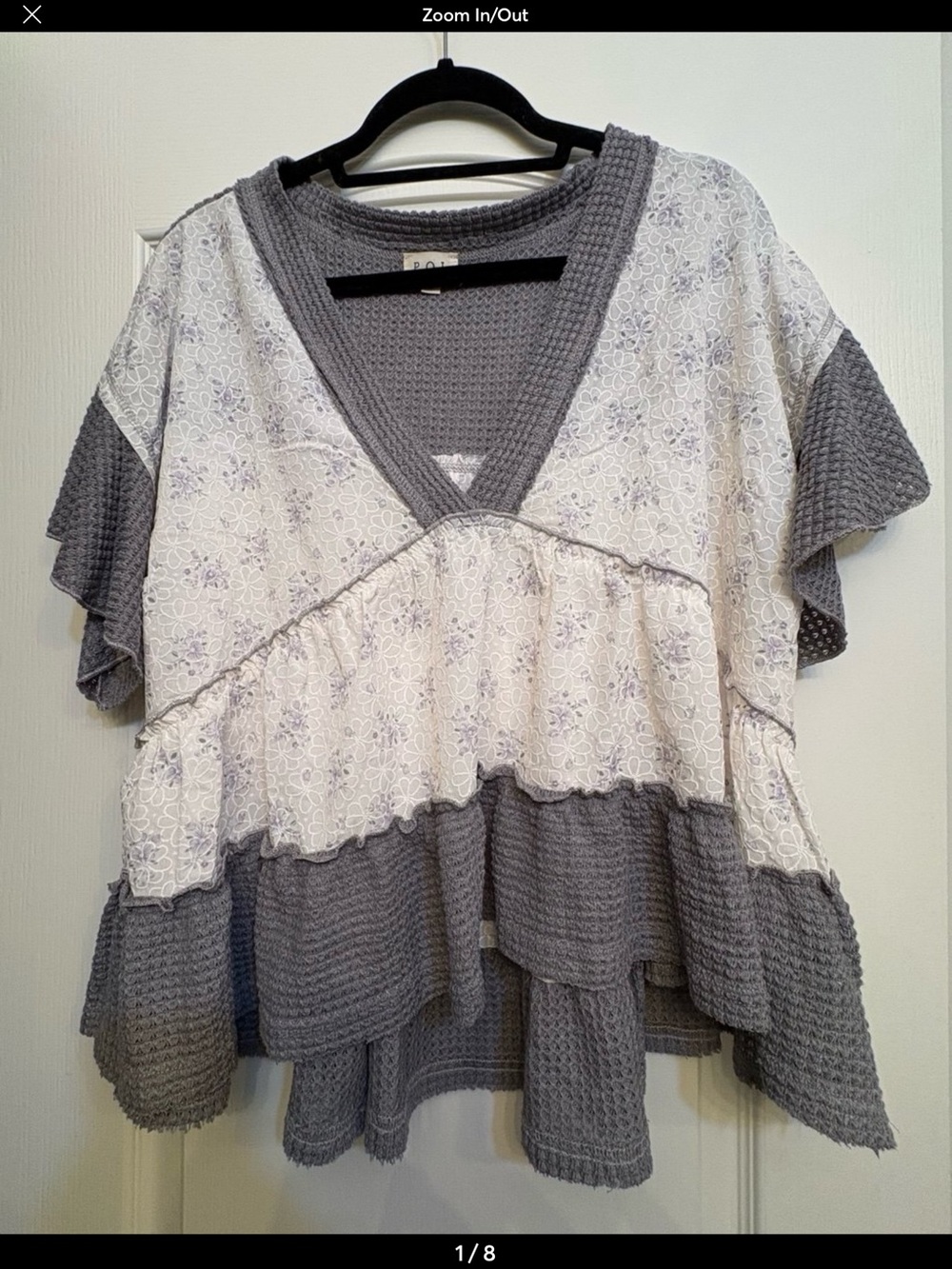Waffle Knit Tiered V-Neck Flutter Sleeve Blouse - Gray & White Floral